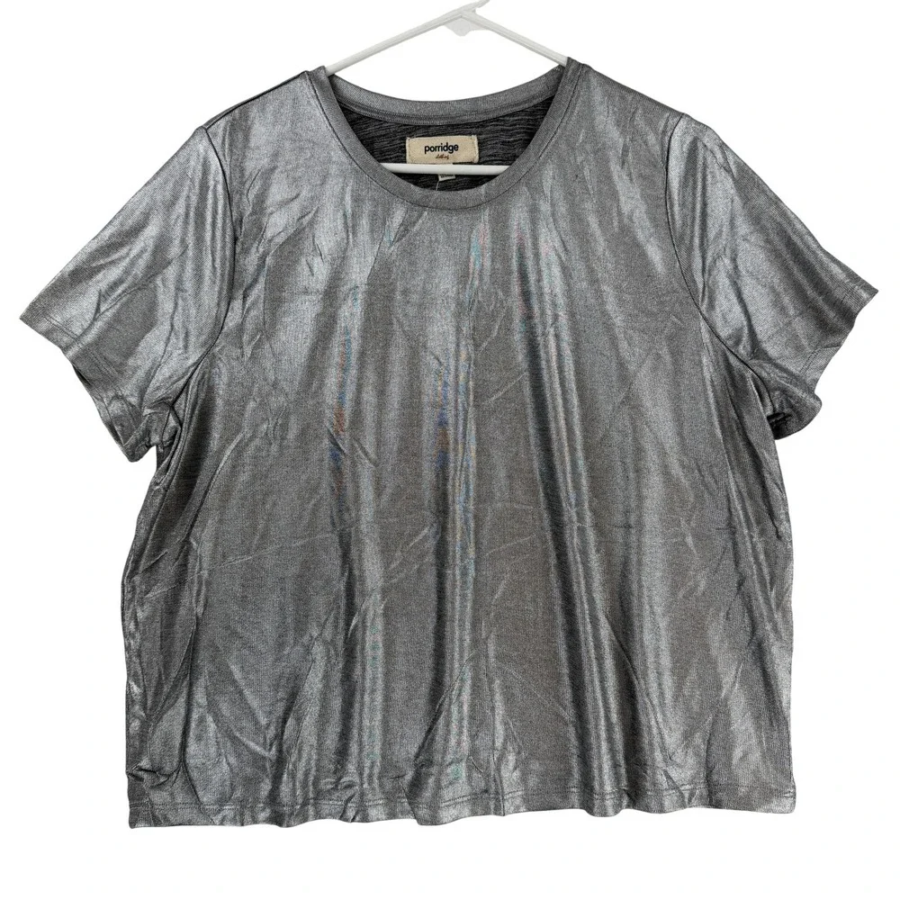 Porridge Anthropologie Shirt Womens XL Silver Metallic Short Sleeve Tee Top NWT - Picture 1 of 11